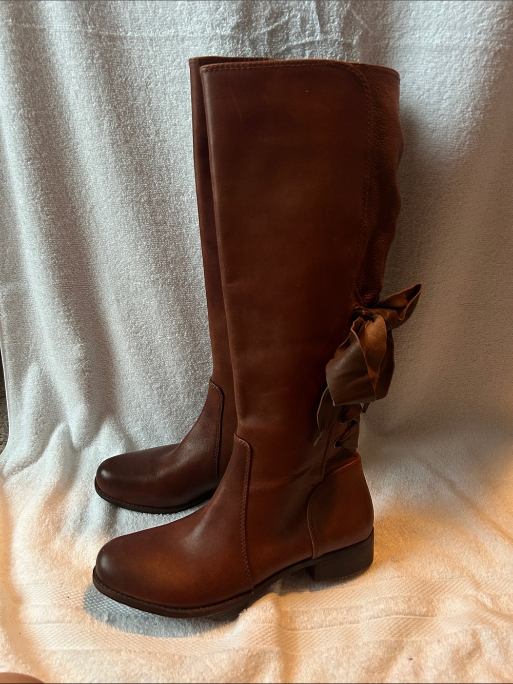 Gianni Bini Brown Over-the-Knee Leather Boots with Back Bow